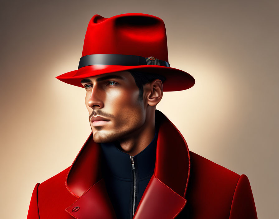 Stylized man in red hat and coat on beige background