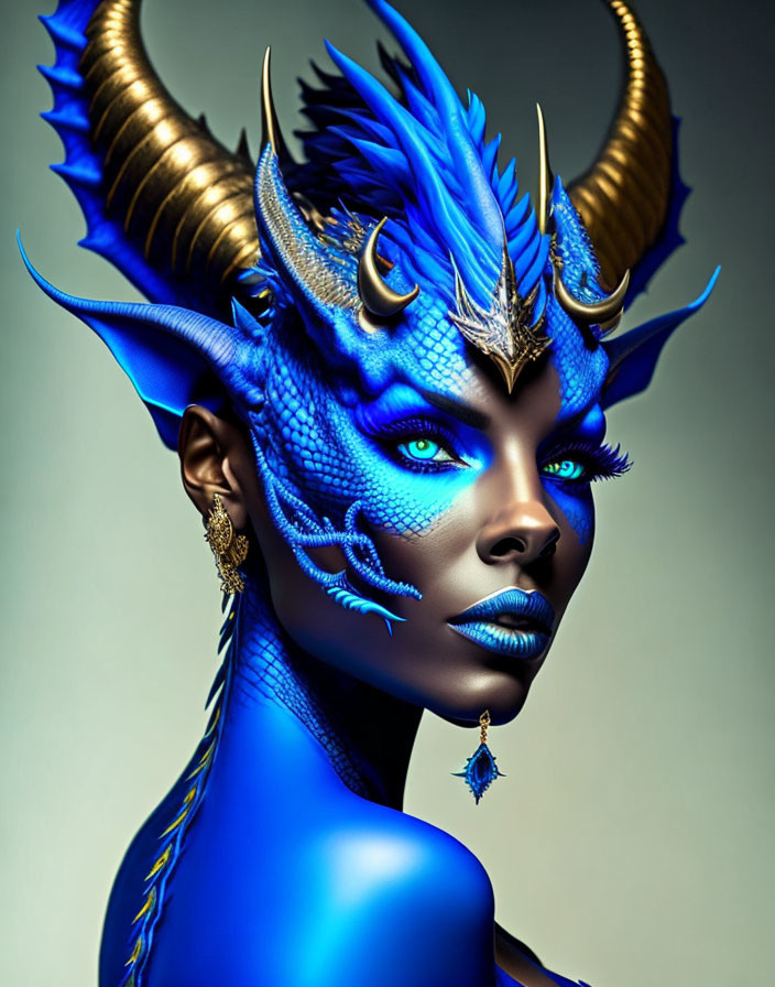 Fantasy blue dragon-like creature with horns, scales, and green eyes adorned with gold jewelry