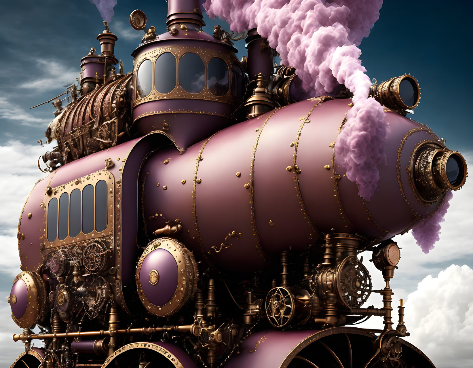 Steampunk-style locomotive emitting pink steam on cloudy sky background