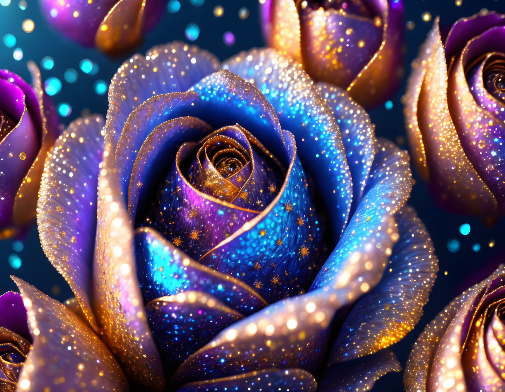 Close-Up of Glittering Purple Roses on Cosmic Background