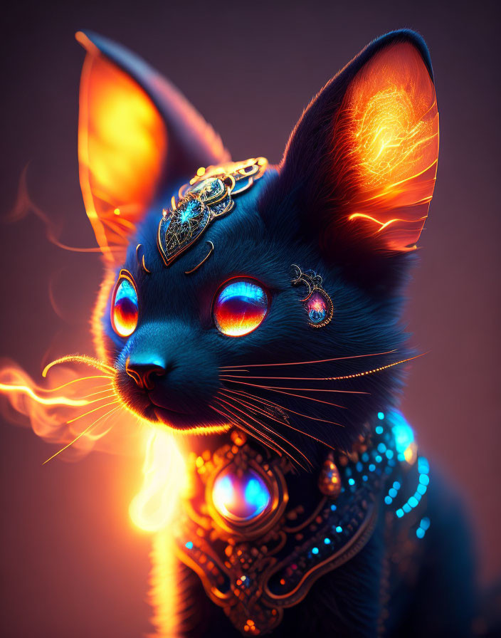 Digital artwork: Mystical black cat with glowing blue eyes, adorned with ornate jewelry, emitting flames