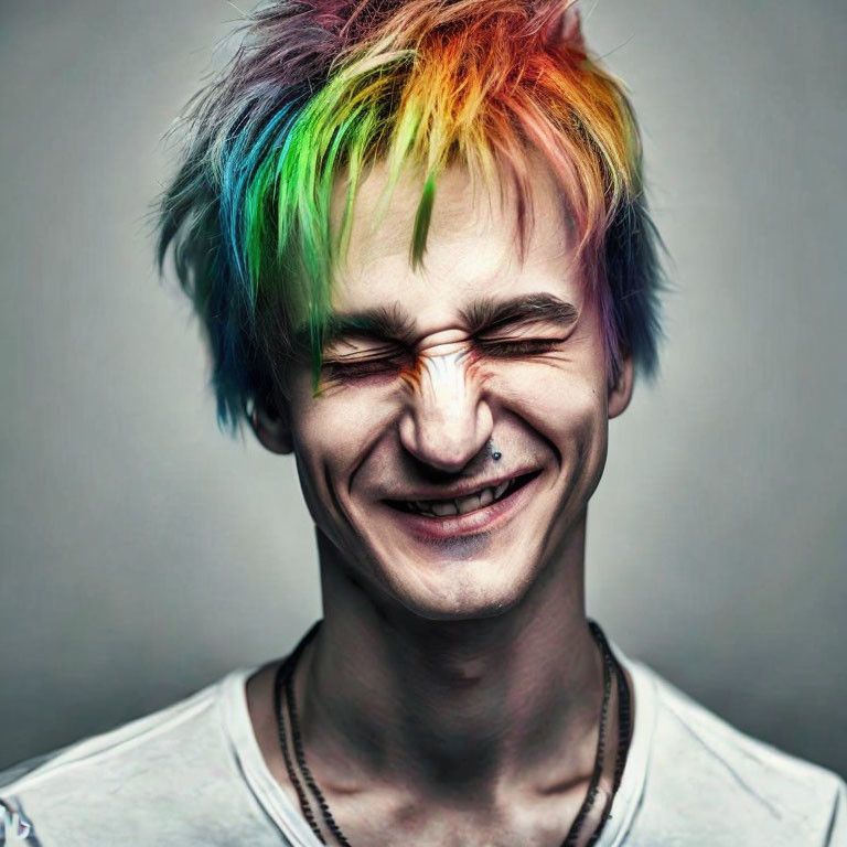 Man With Rainbow Hair Screwing Up, Making Faces