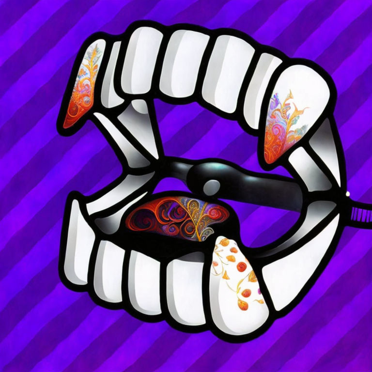 Stylized gaping mouth with paisley patterns on tongue and teeth on purple striped background
