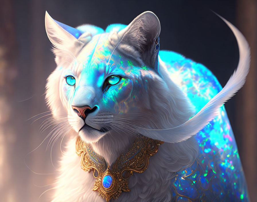 White Feline with Blue Eyes and Gold Necklace Featuring Blue Gemstone