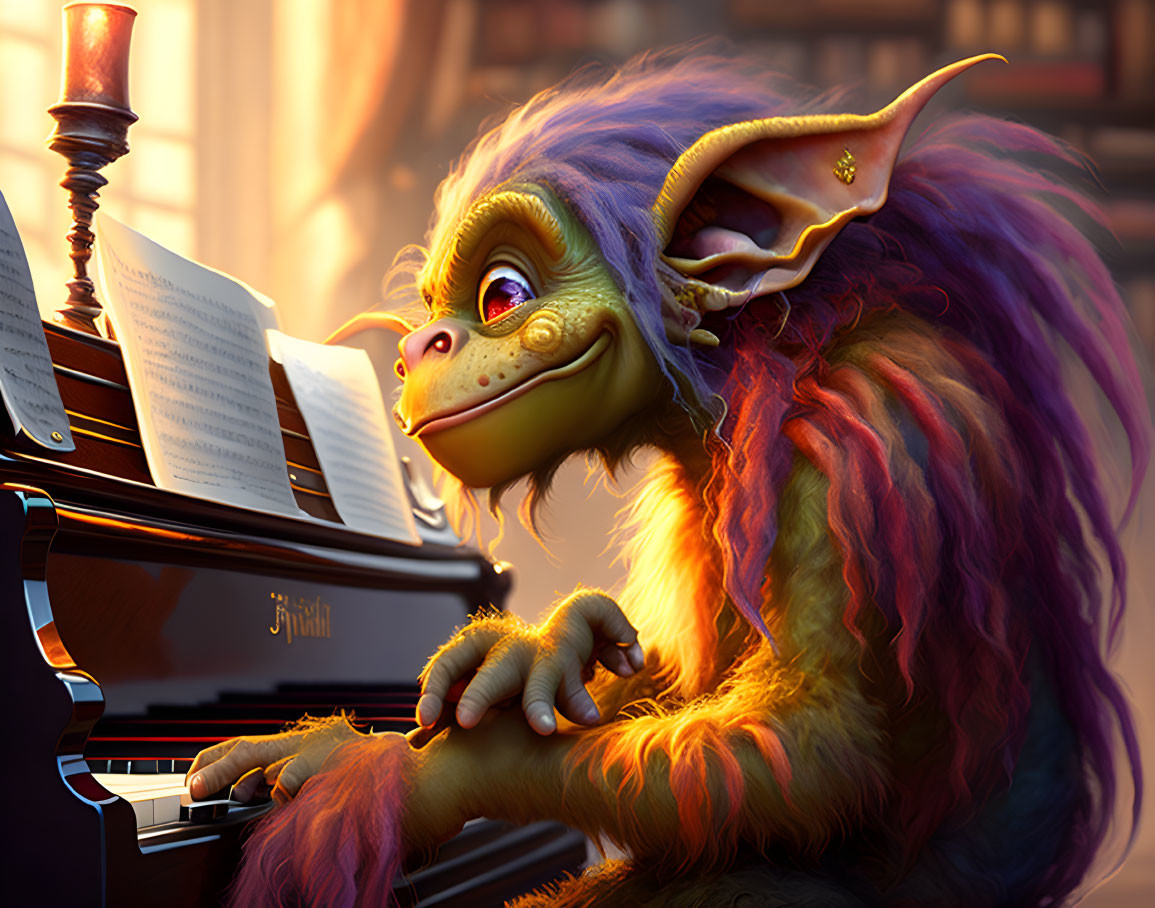 Colorful creature with elfin ears playing piano in warmly lit room