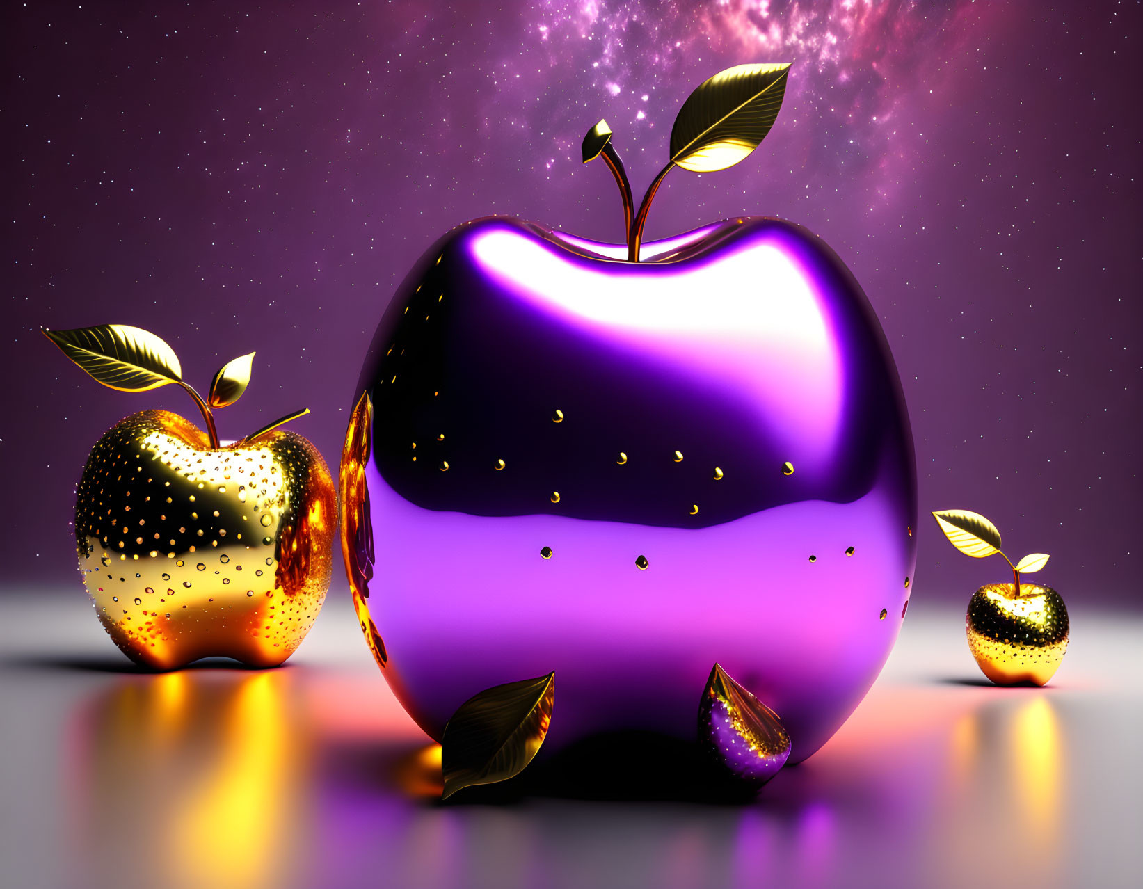 Stylized apples in different sizes and colors on cosmic purple backdrop