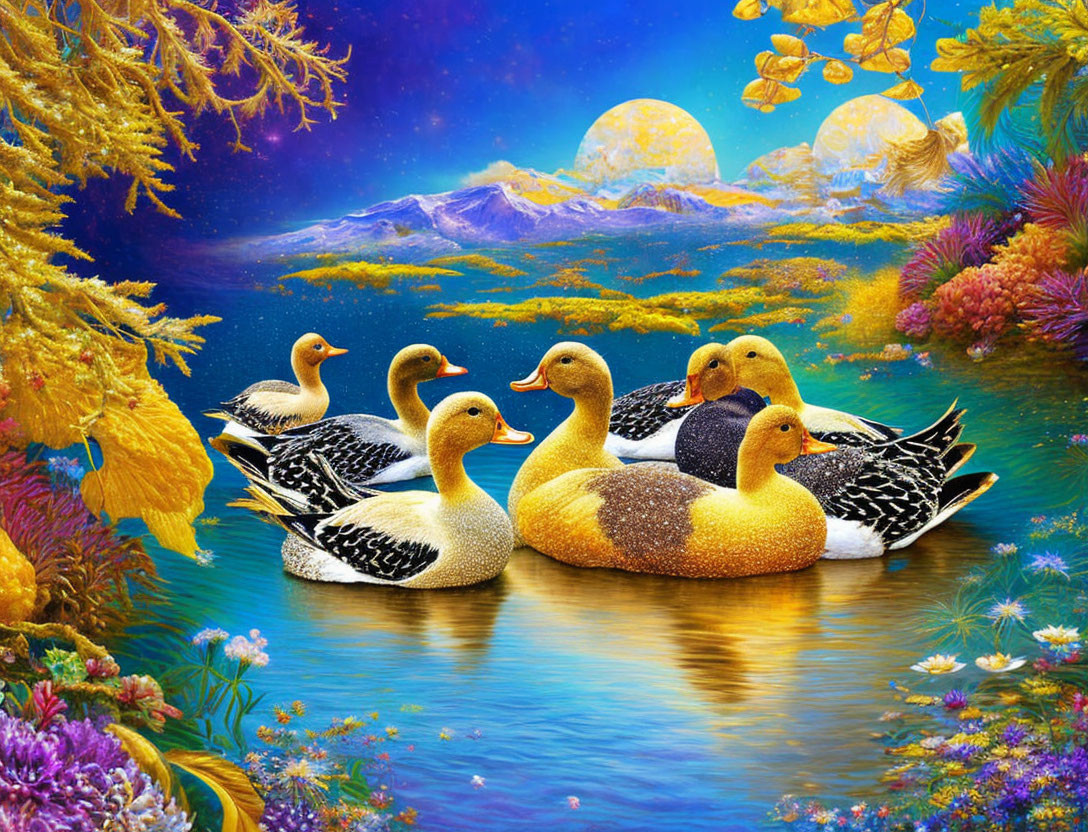 Colorful Ducks and Fantasy Sky Illustration with Flowers and Trees