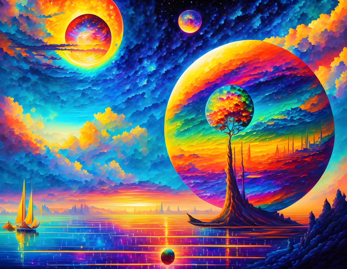 Colorful surreal landscape with tree, sailboats, and city skyline