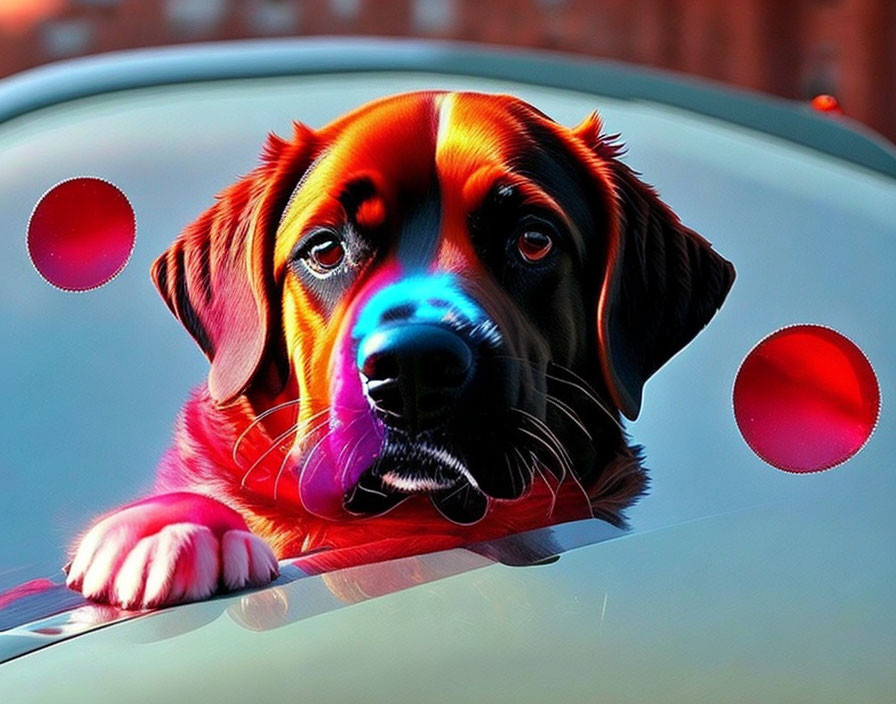 Colorful Dog in Car Window with Light Effects and Red Orbs