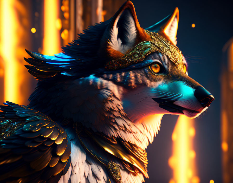 Majestic mythical wolf in golden armor under glowing torches