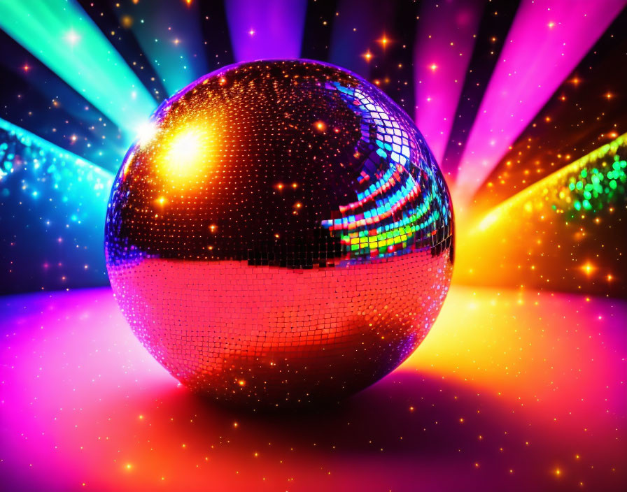 Colorful Disco Ball Reflecting Beams on Sparkling Background