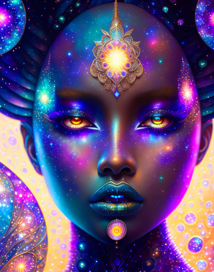 Colorful cosmic portrait with celestial jewelry, iridescent skin, and starry eyes in nebula