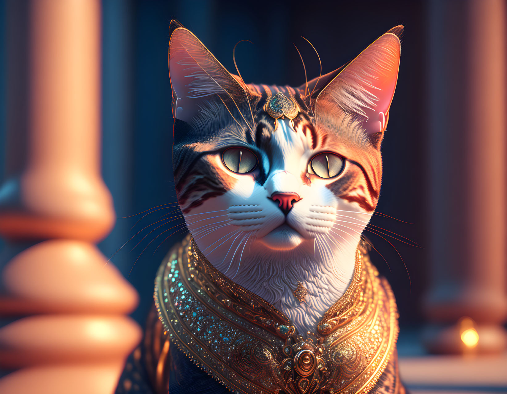 Elegantly adorned cat in intricate armor and majestic headdress against grand architecture.