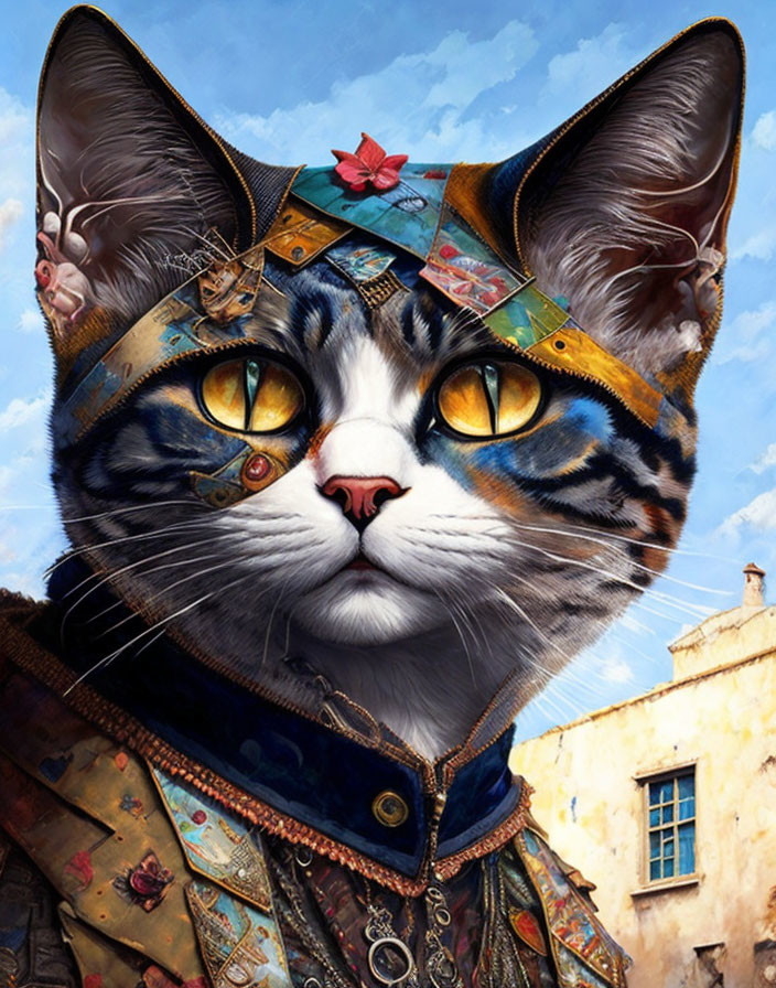 Digital Artwork: Cat with Amber Eyes in Samurai Armor on Cloudy Sky