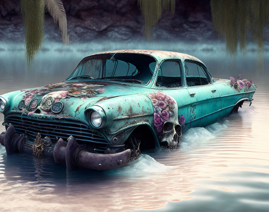 Rusted blue car underwater with flowers and foliage, violet-pink sky