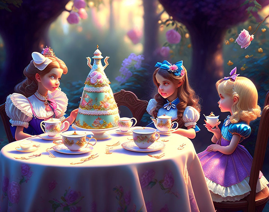 Animated young girls in fancy dresses tea party in enchanted forest with whimsical cake and floating roses