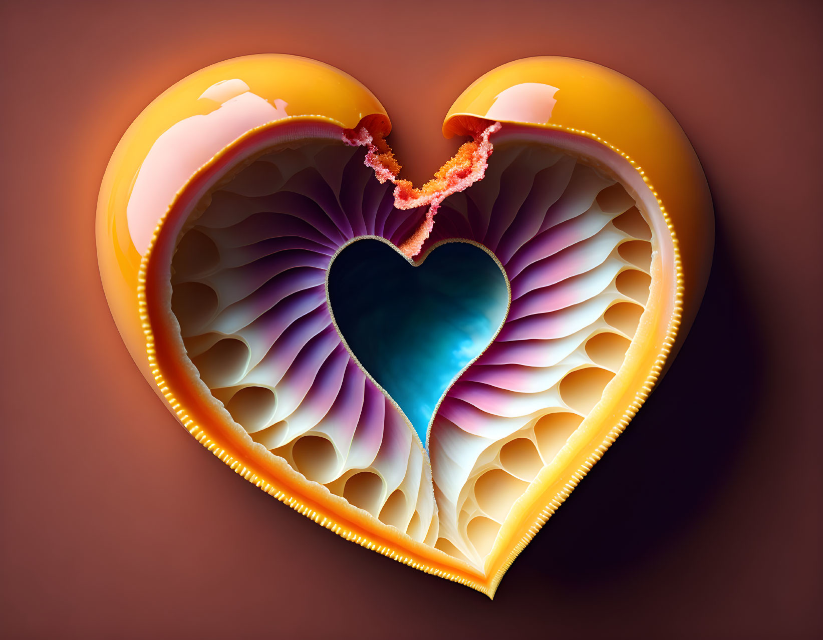 Layered Paper Art: Orange Heart Sculpture with Blue Heart Inside