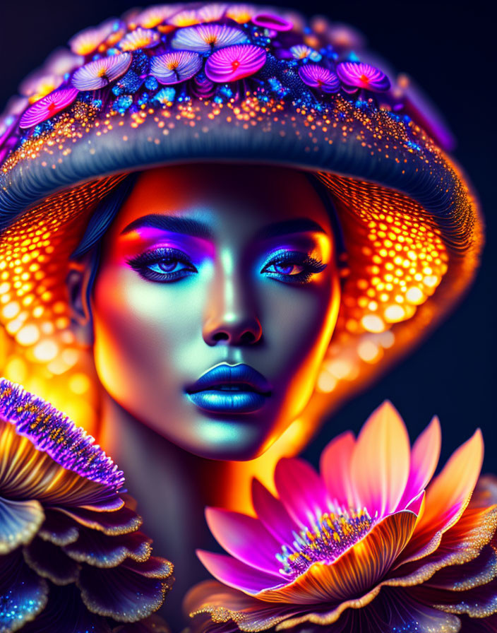 Digital Art: Luminescent Skin Woman with Neon Floral Headdress