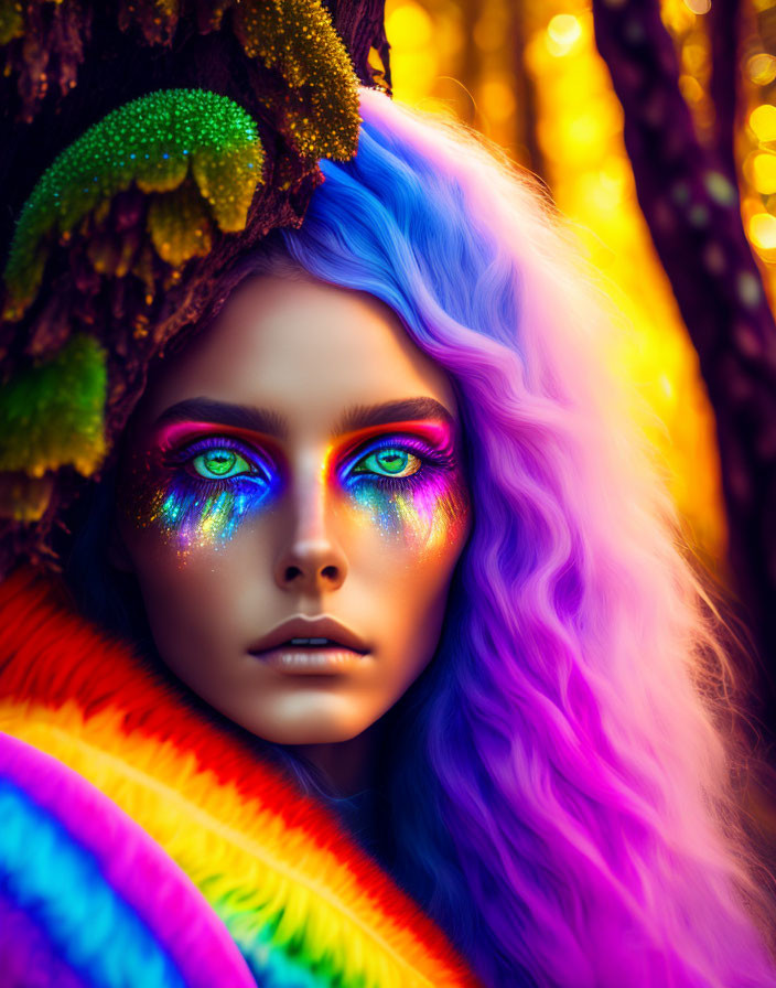 Colorful portrait with electric blue eyes, neon makeup, and rainbow hair on warm background