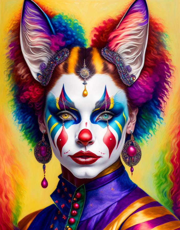 Vibrant portrait of a person with cat makeup, rainbow hair, and ornate jewelry