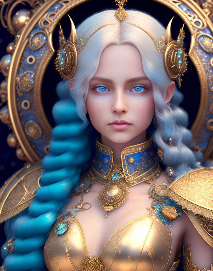 Fantastical female character with blue eyes, braided blue hair, golden crown, and intricate armor