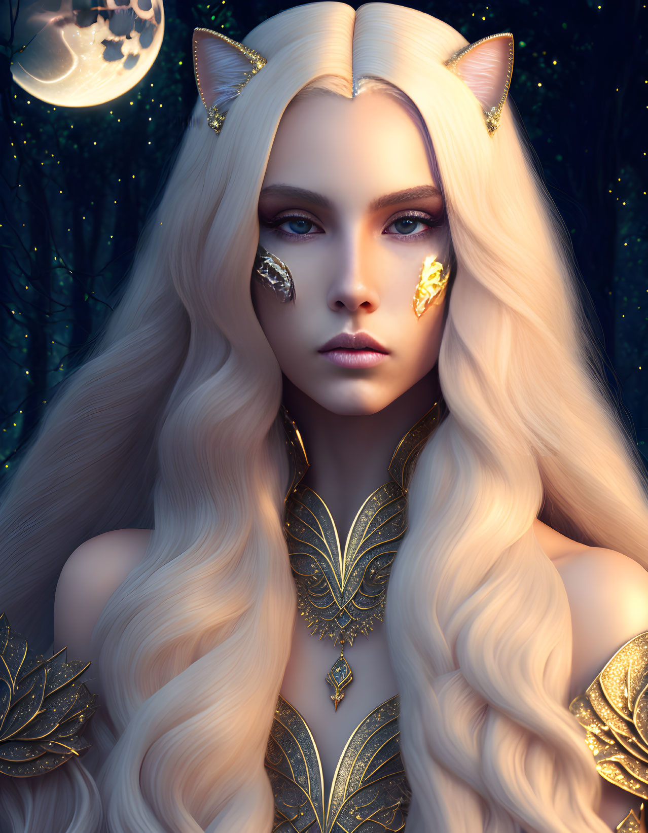 Blonde woman with cat ears and golden leaf makeup under crescent moon