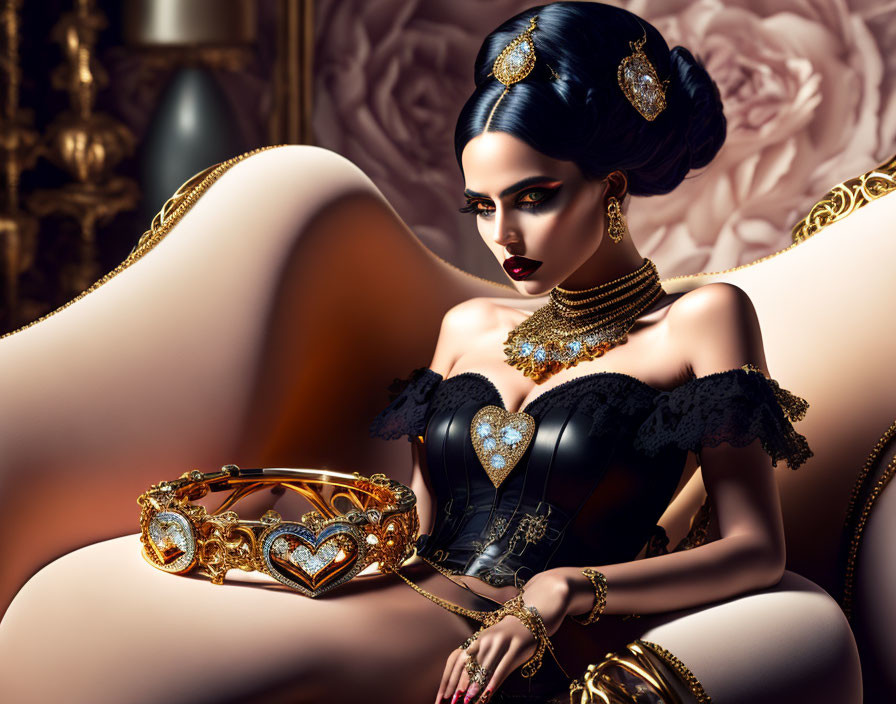 Dark-haired woman reclining with heart-shaped gemstone and luxurious jewelry