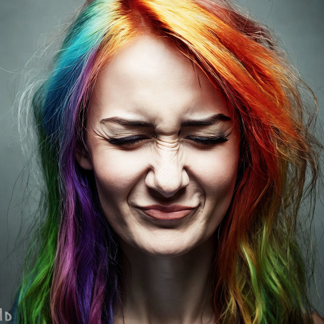 Rainbow Haired Woman Holding Up Hysterical Laugh