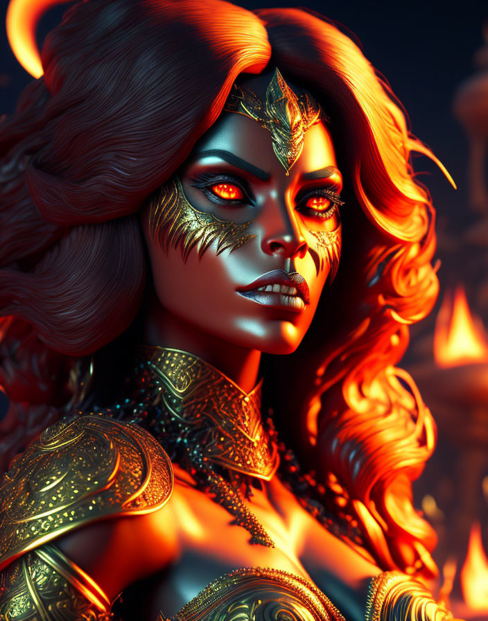 Fantasy female character with red hair and golden armor in fiery backdrop