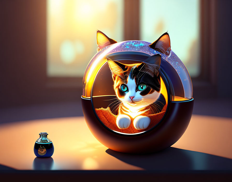 Wide-eyed cat in sci-fi pod with glowing edges at sunset background
