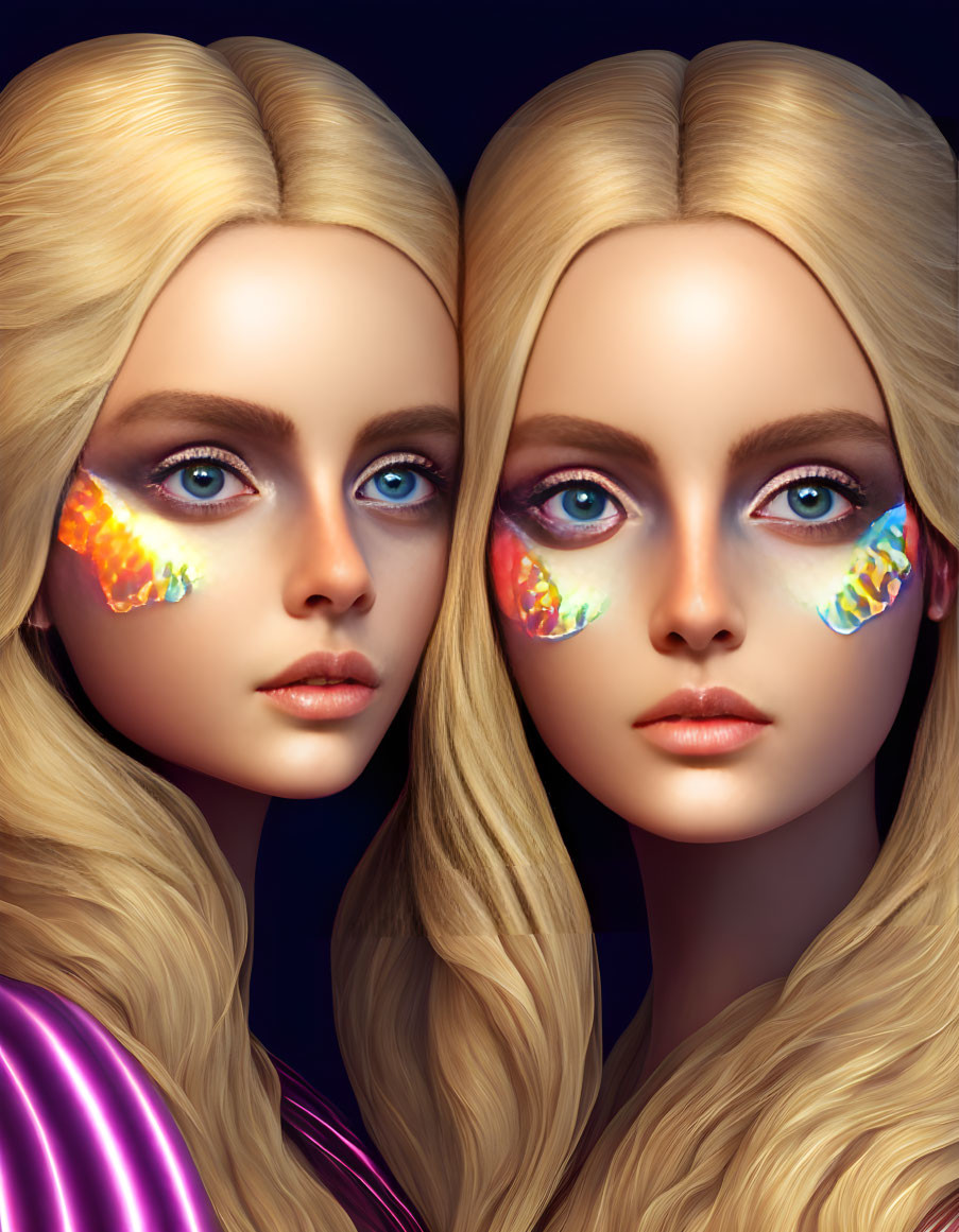 Two Women with Striking Blue Eyes and Colorful Fish Scale Makeup on Dark Background