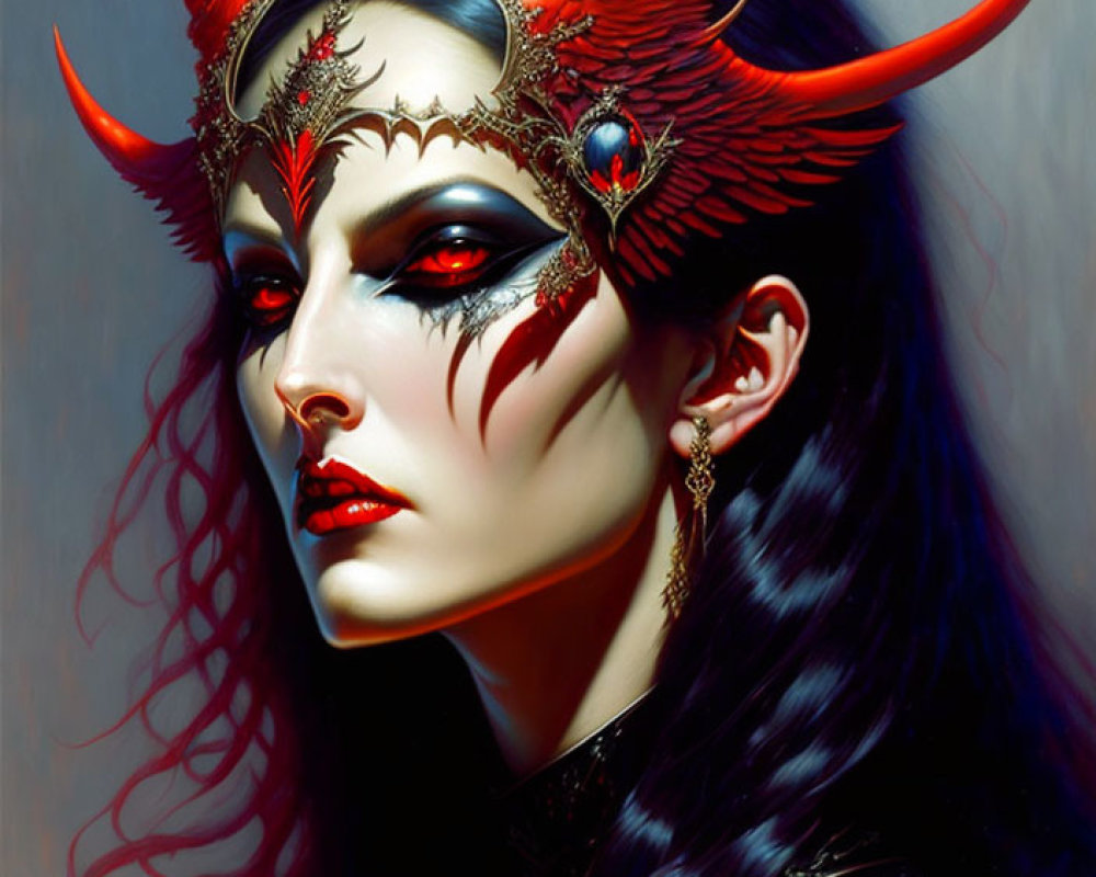 Fantasy Portrait of Woman with Red Horns, Gold Adornments, and Feathers