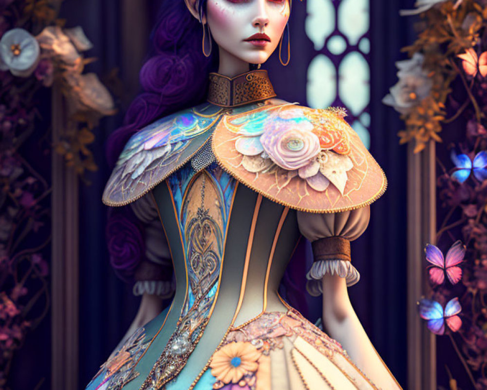 Blue-skinned fantasy character in gold attire with crown, surrounded by flowers and butterflies