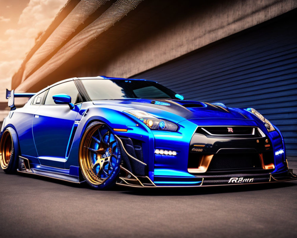 Blue Nissan GT-R with Gold Wheels and Aero Kit Parked at Sunset