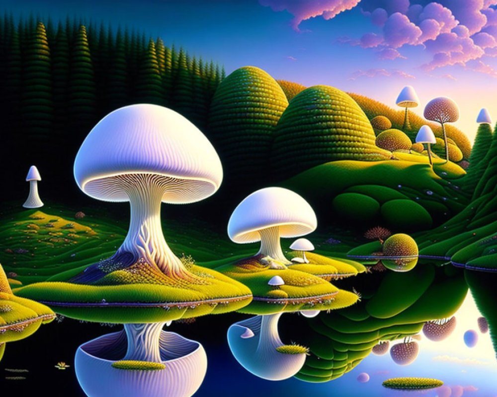 Colorful digital artwork: Oversized mushrooms in surreal landscape