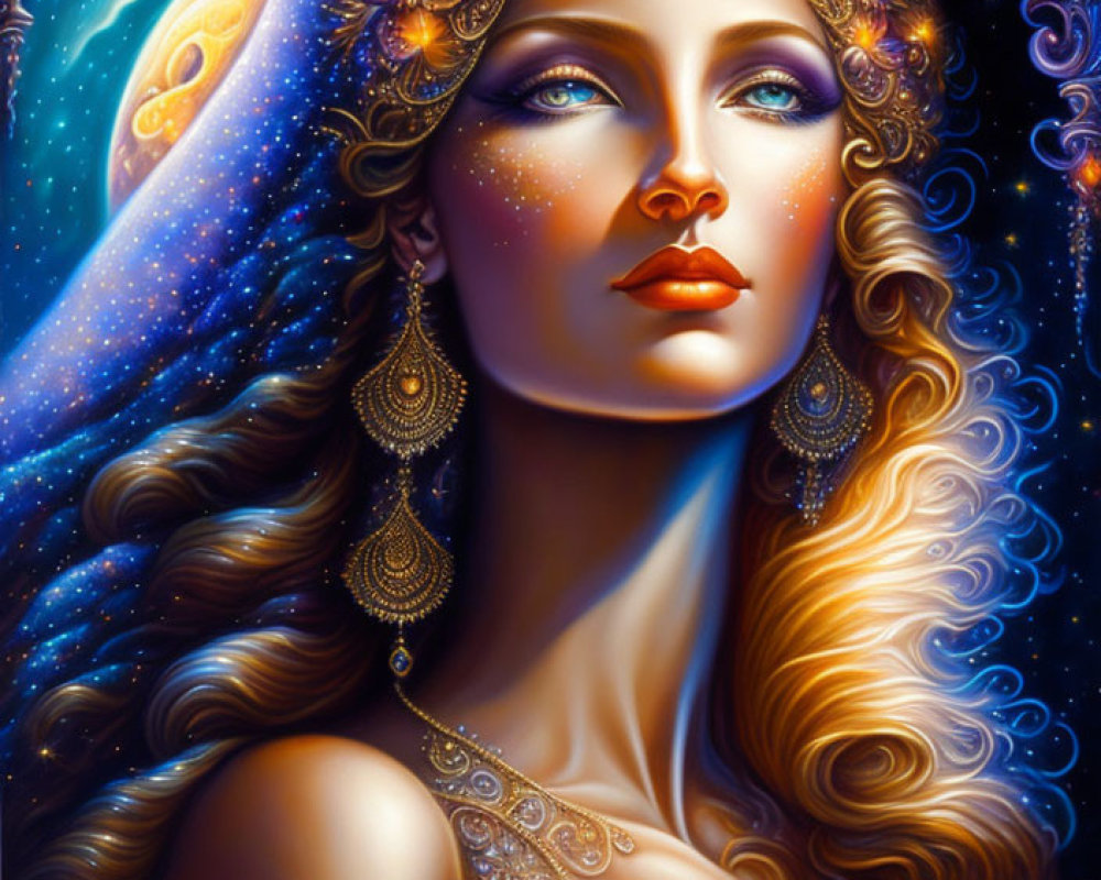 Stylized portrait of woman with golden hair and cosmic theme background