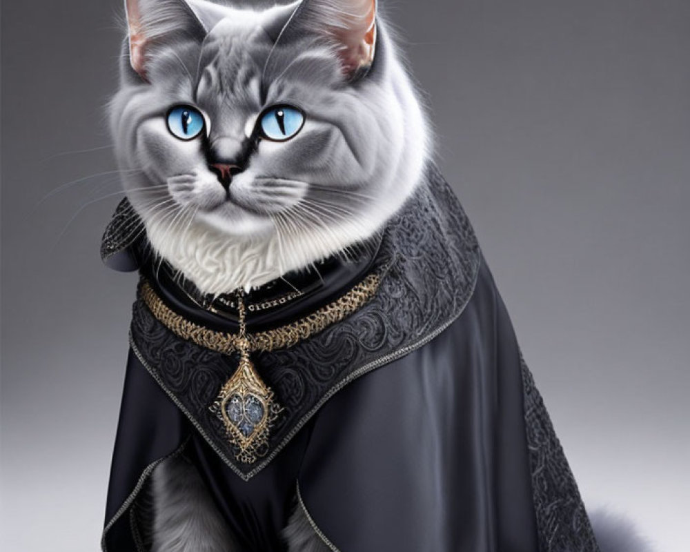 Majestic grey cat in royal black cloak with gold and gemstone details