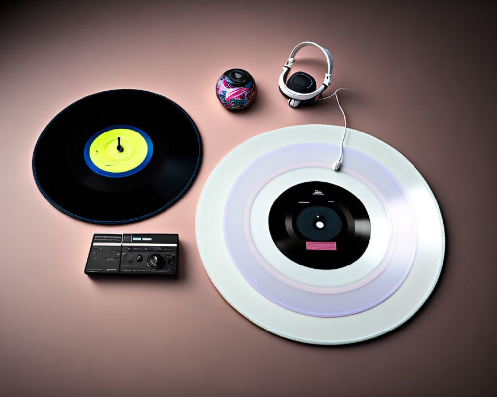 Vintage and modern music listening devices on pink surface