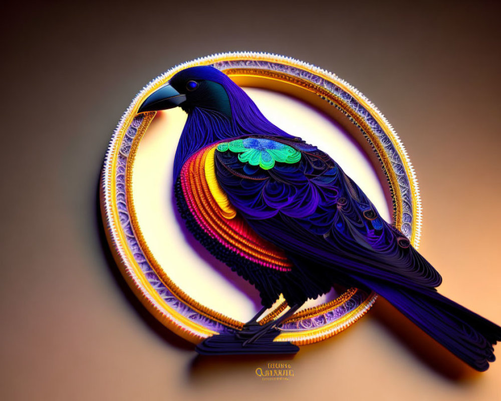 Stylized bird with intricate feather patterns in colorful concentric circles