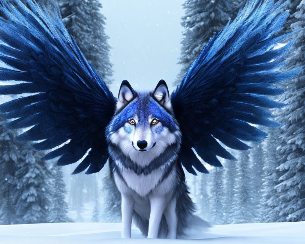 Majestic wolf with vibrant blue wings in snowy forest