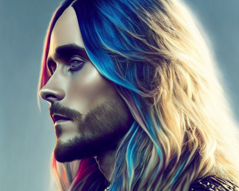 Blue and Blonde Ombre Hair, Intense Gaze, Beard, Leather Jacket