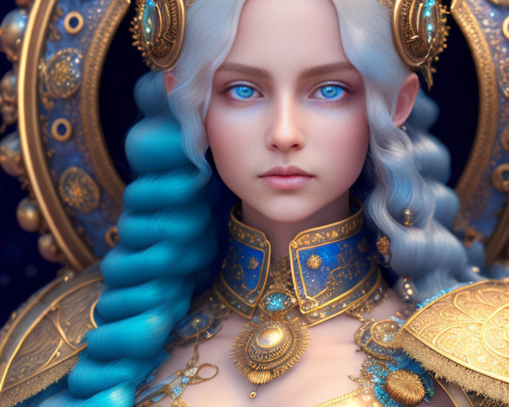 Fantastical female character with blue eyes, braided blue hair, golden crown, and intricate armor
