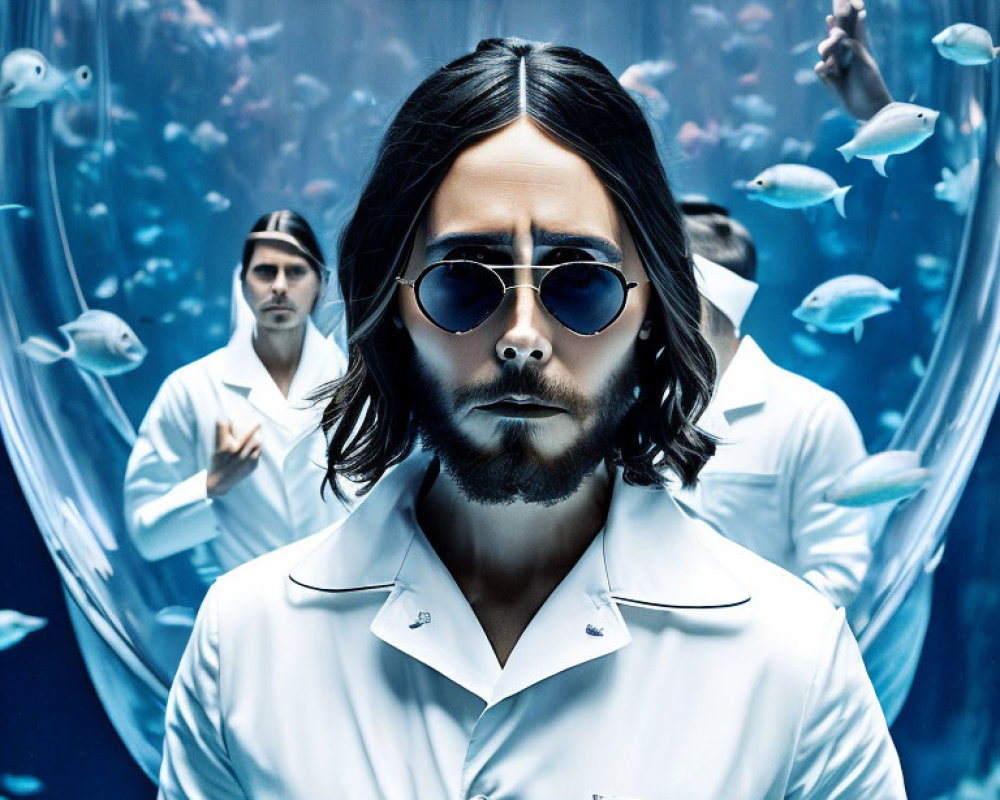 Man with long hair and sunglasses at aquarium with fish and two others in white attire