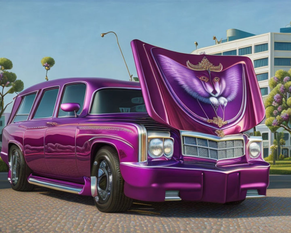 Custom purple lowrider car with ornate engine in city setting.