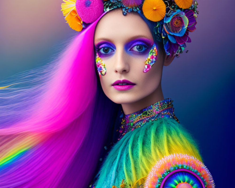 Colorful Woman with Vibrant Makeup and Floral Headdress