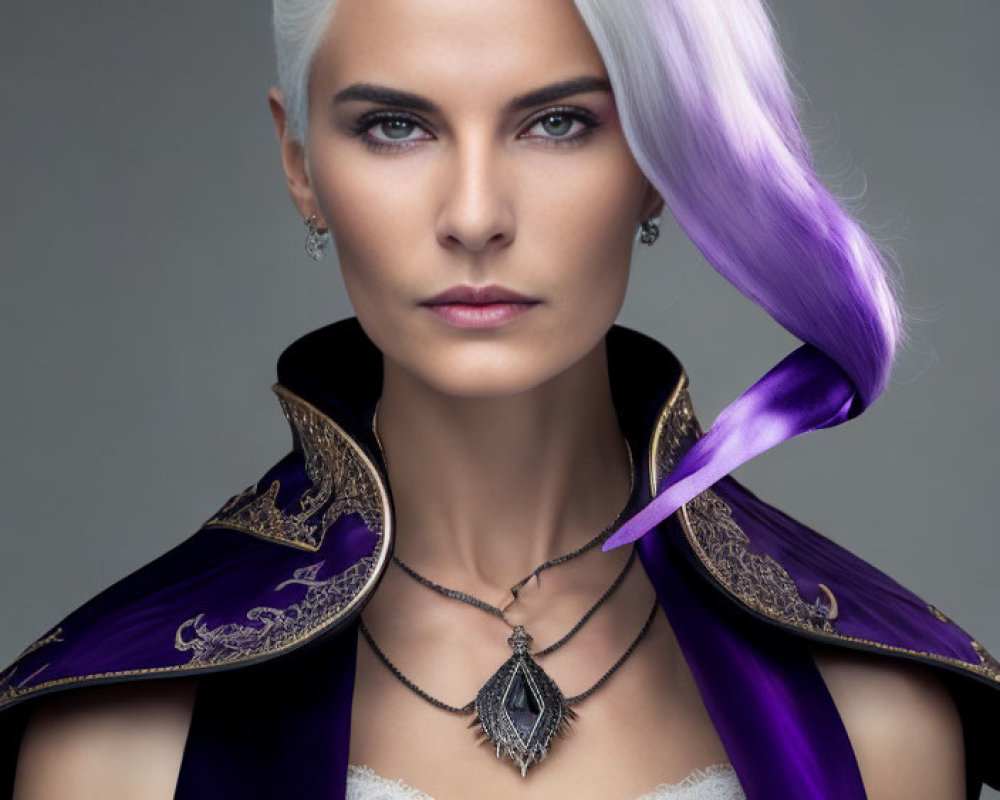 Striking white and purple hair woman in purple cape and silver pendant