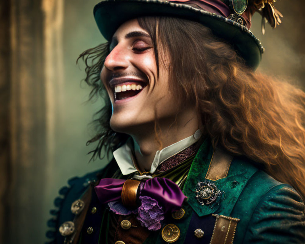 Curly-haired person in green jacket and top hat with gears, laughing happily