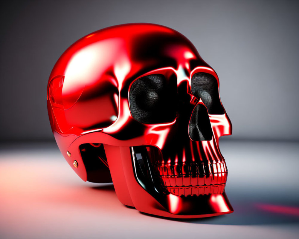Red Skull-Shaped Helmet with Visor and Ventilation Holes on Neutral Background