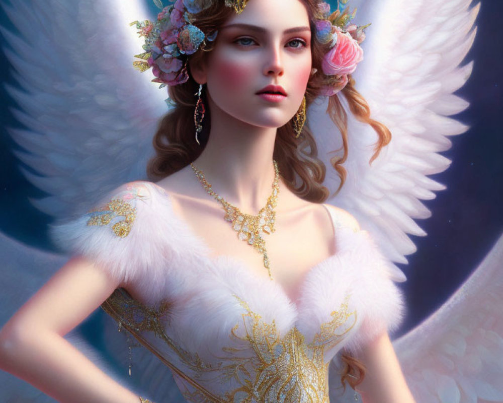 Regal figure with angelic wings in golden crown and elegant dress