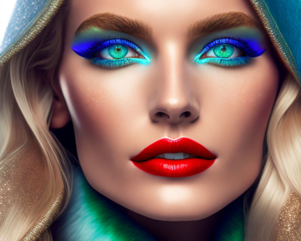 Close-Up Portrait of Woman with Blue Eye Makeup, Red Lips, and Colorful Faux Fur Hood